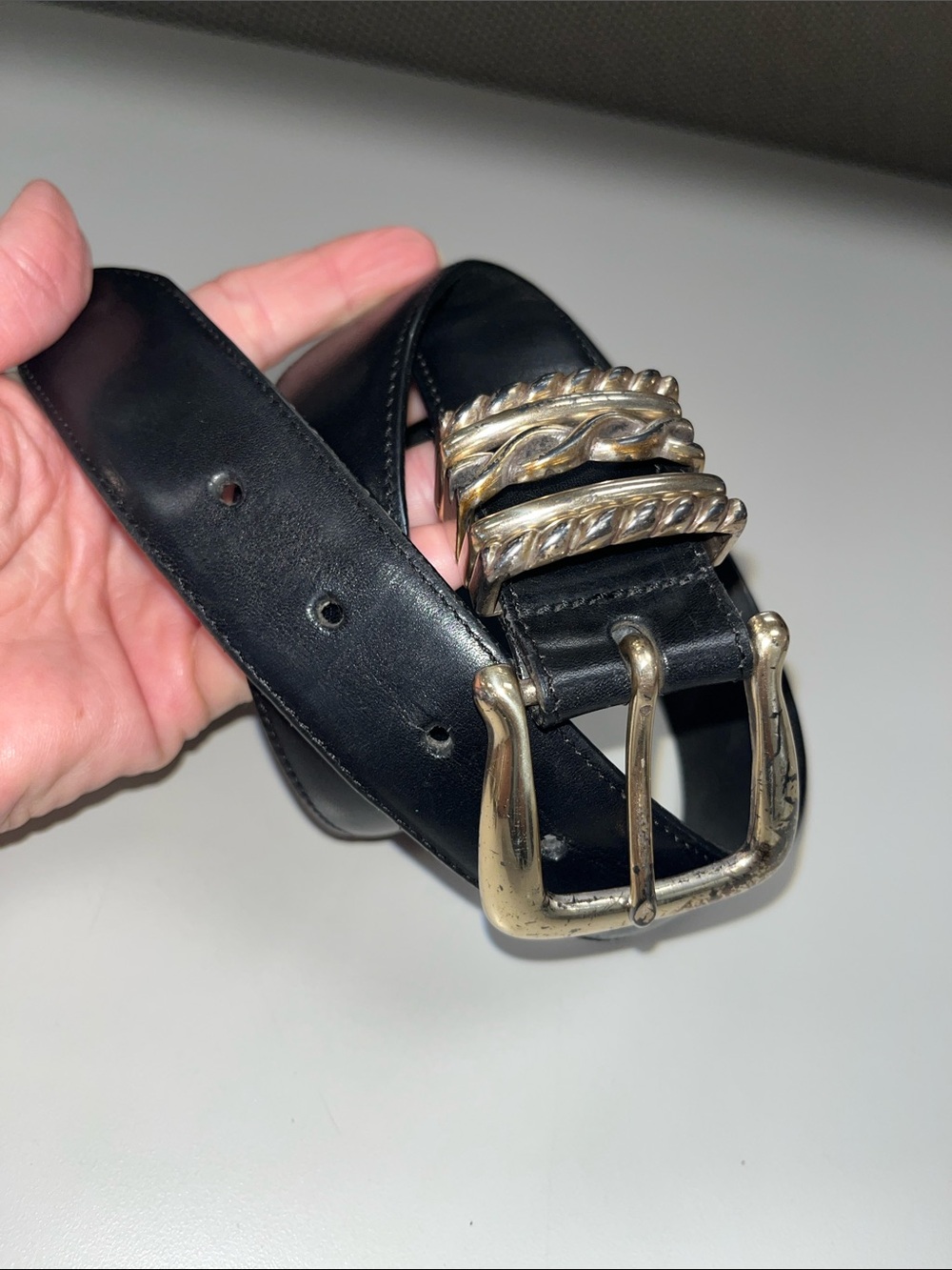 Brighton Black Leather Men's Belt with Twisted Silver-Tone Buckle / Medium
